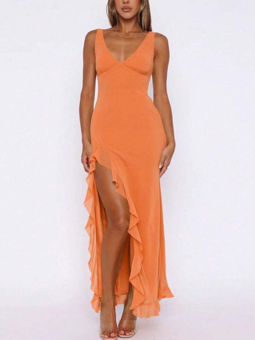 Sleeveless Orange Ruffle Maxi Dress